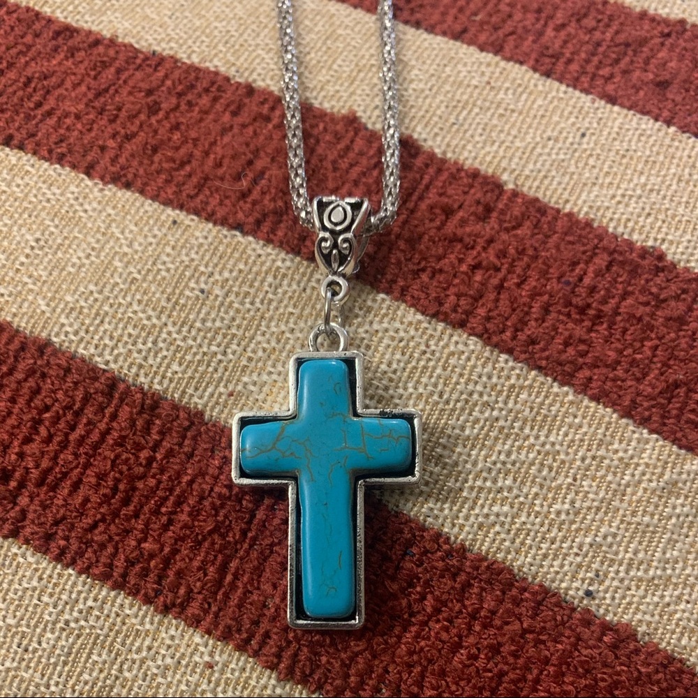 Silver Cross Semiprecious Stone Necklace (Turquoise) - Picture 2 of 4